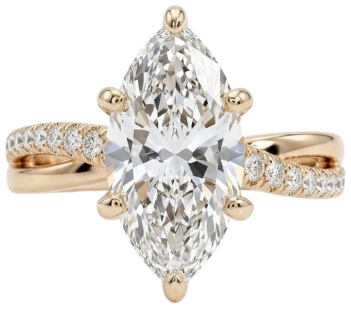 A yellow gold marquise solitaire with pave shoulders